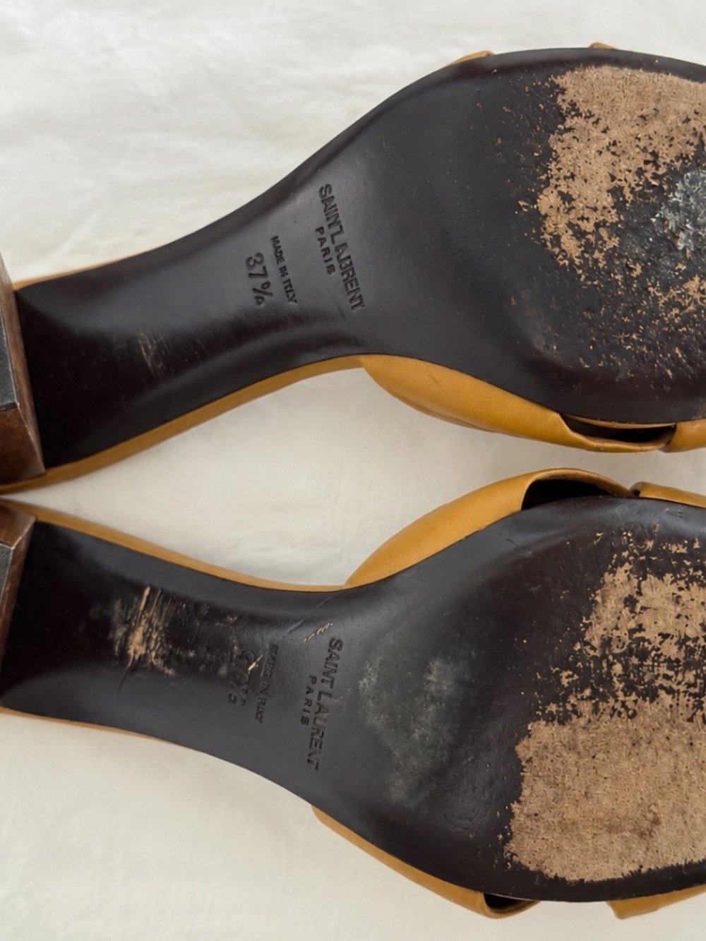 Saint Laurent YSL Mustard Leather Knot Wood Heel Mules Sandals Size 37.5 - Picture 5 of 9